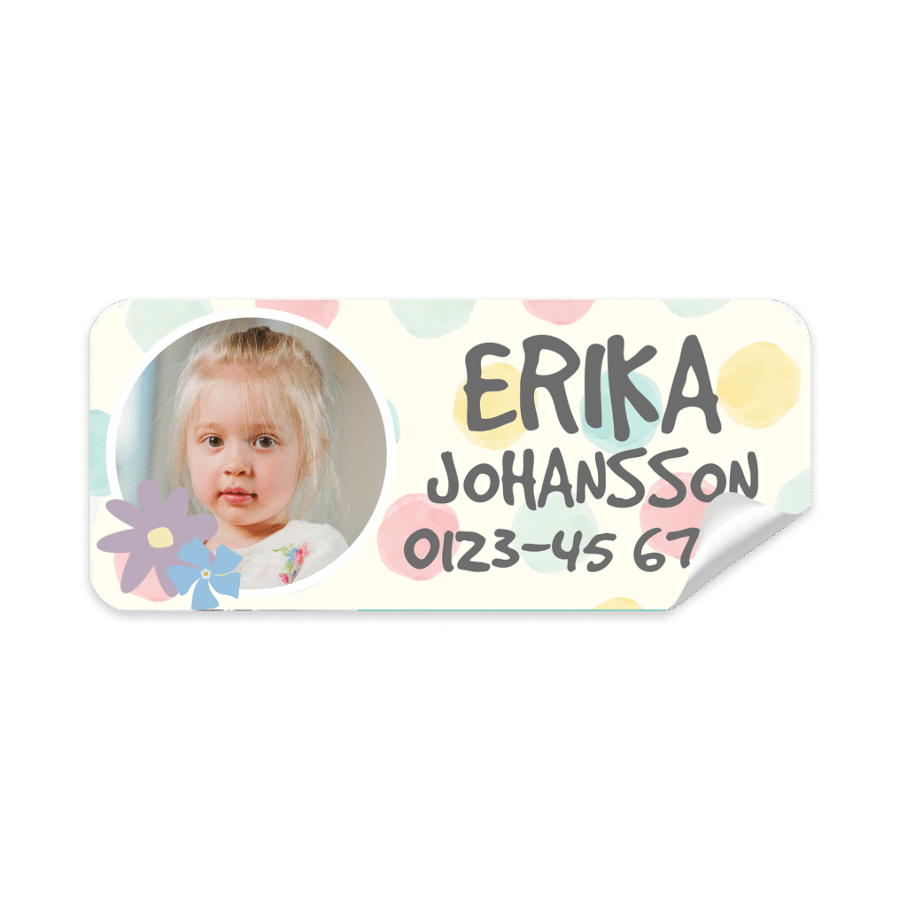 Personlig namnlapp förskola med foto och tydlig text